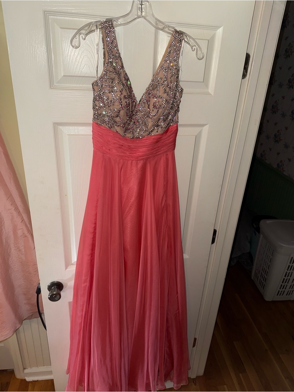 Sherri Hill Pink Coral Prom Gown with Beaded Neutral Bodice